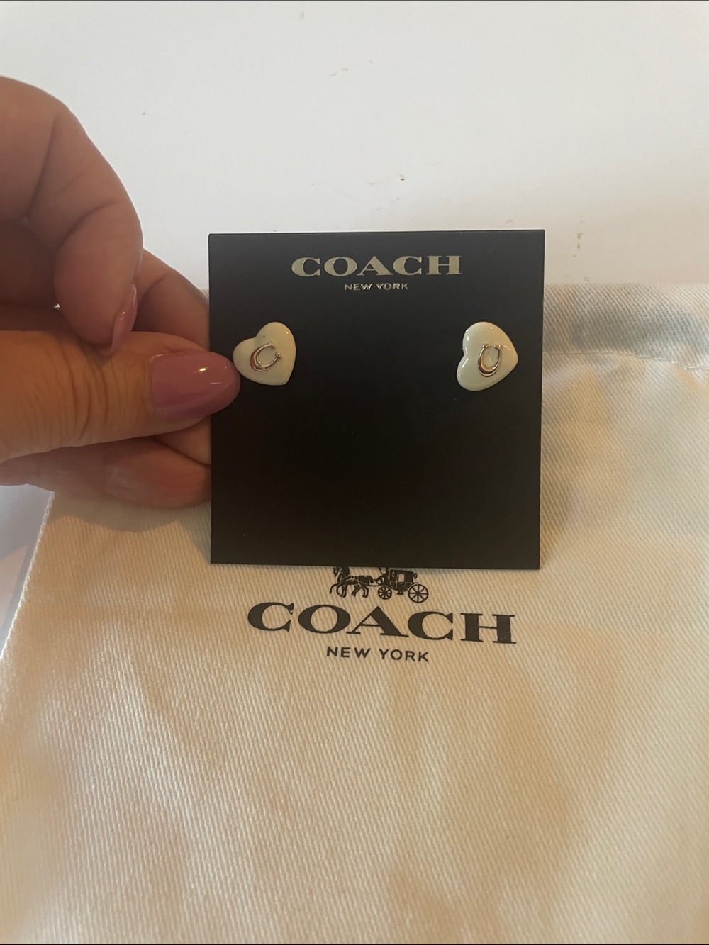 Coach White Heart Enamel Stud Earrings with Gold 'C' Accent